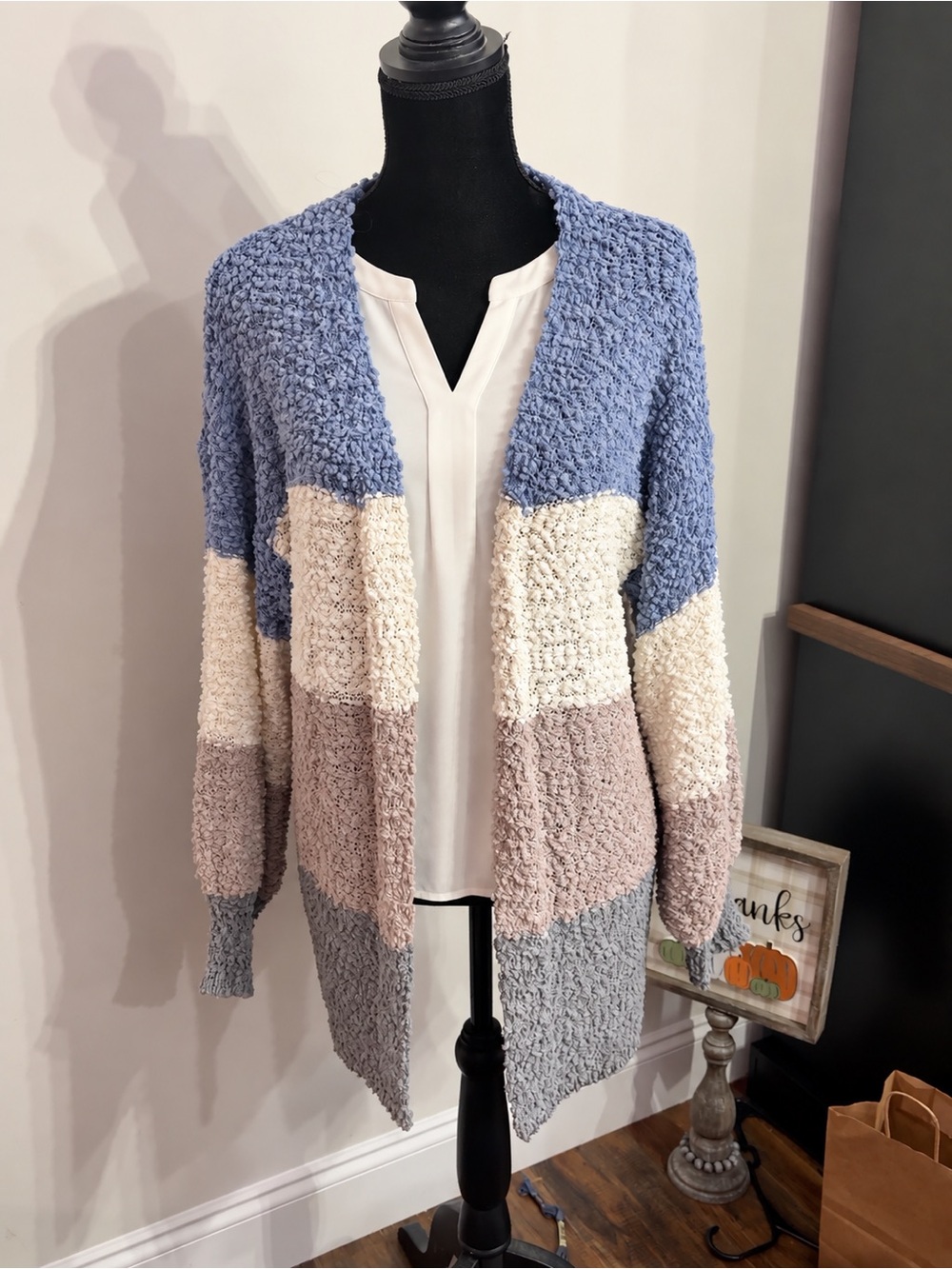 eesome Colorblock Open Cardigan in Blue, Cream & Taupe